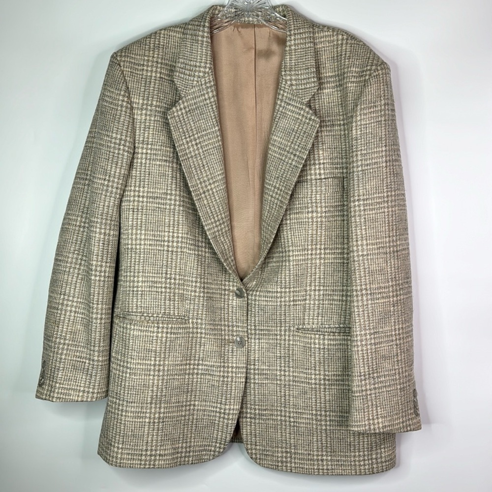 Vintage Lands' End Wool Gray Cream Blazer Jacket Size 14